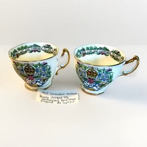 Vintage Hammersley 1953 Queen Elizabeth II Coronation Bone China Tea Cups Pair